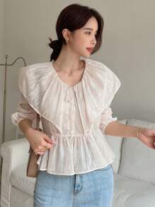 DAZY Lantern Sleeve Peplum Blouse,Ruffle Long Sleeve Top