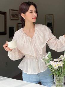 DAZY Lantern Sleeve Peplum Blouse,Ruffle Long Sleeve Top