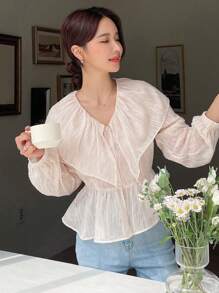 DAZY Lantern Sleeve Peplum Blouse,Ruffle Long Sleeve Top