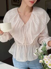 DAZY Lantern Sleeve Peplum Blouse,Ruffle Long Sleeve Top