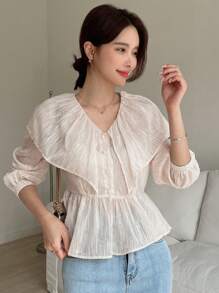 DAZY Lantern Sleeve Peplum Blouse,Ruffle Long Sleeve Top
