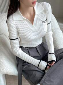 DAZY 拼接邊口袋貼布套頭毛衣 - 白色 - 查看 1