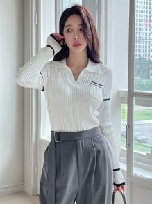 DAZY 拼接邊口袋貼布套頭毛衣 - 白色 - 查看 4