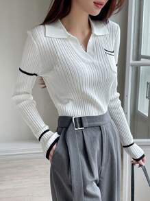 DAZY 拼接邊口袋貼布套頭毛衣 - 白色 - 查看 6