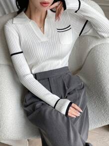 DAZY 拼接邊口袋貼布套頭毛衣 - 白色 - 查看 7