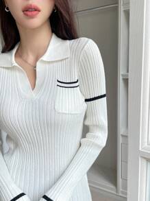 DAZY 拼接邊口袋貼布套頭毛衣 - 白色 - 查看 9