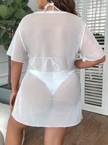 SHEIN Swim Curve Summer Beach Plus Slogan & Tropical Graphic Cover Up Dress - White - View 2