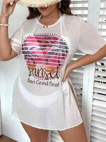 SHEIN Swim Curve Summer Beach Plus Slogan & Tropical Graphic Cover Up Dress - White - View 4