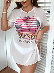 SHEIN Swim Curve Summer Beach Plus Slogan & Tropical Graphic Cover Up Dress - White - View 5