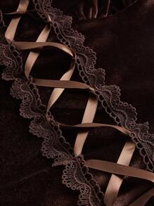 ROMWE Hippie 前繫帶褶邊絲絨T恤 - 巧克力棕 - 查看 4