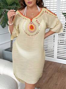 SHEIN Swim Curve Hơn Chi tiết móc Váy Cover Up - Màu be - Xem 1