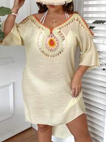 SHEIN Swim Curve Hơn Chi tiết móc Váy Cover Up - Màu be - Xem 3