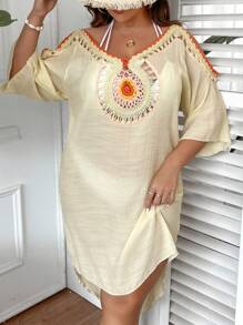 SHEIN Swim Curve Hơn Chi tiết móc Váy Cover Up - Màu be - Xem 4