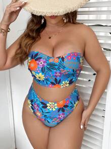 SHEIN Swim Curve Plus Bộ bikini băng đô in hoa - Màu xanh lam - Xem 4