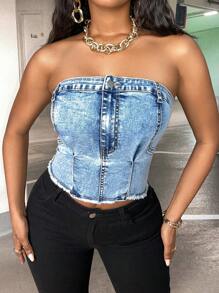 SHEIN SXY Raw Hem Ống Tops Denim - Rửa nhẹ - Xem 2