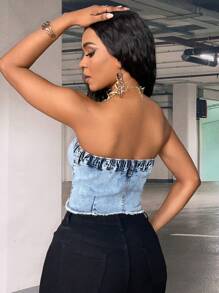 SHEIN SXY Raw Hem Ống Tops Denim - Rửa nhẹ - Xem 3