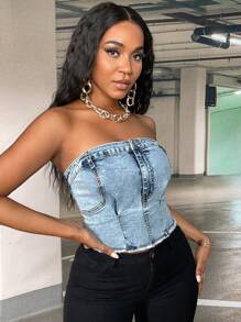 SHEIN SXY Raw Hem Ống Tops Denim - Rửa nhẹ - Xem 1