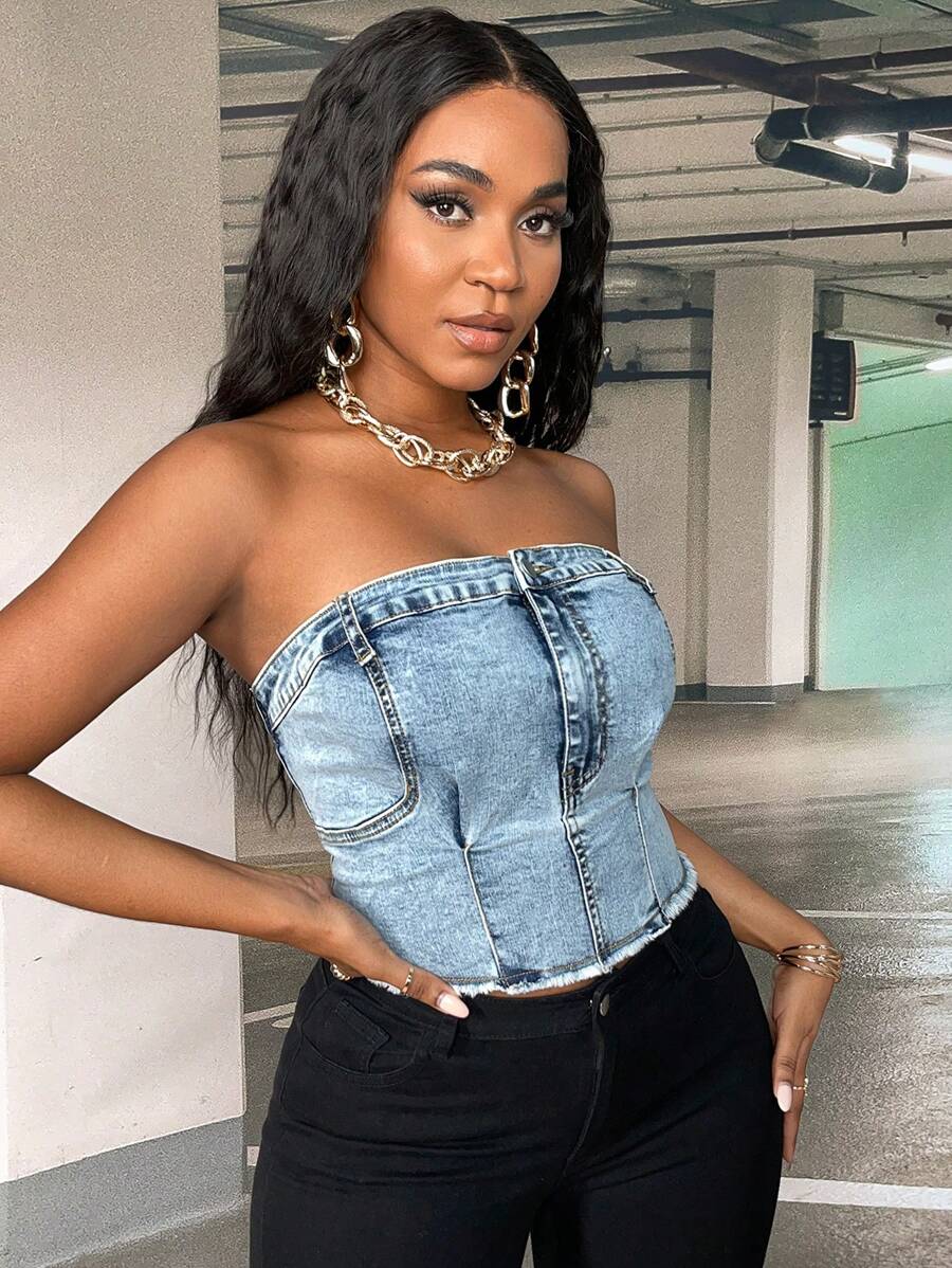 SHEIN SXY Raw Hem Ống Tops Denim - Rửa nhẹ - Xem 1