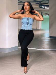 SHEIN SXY Raw Hem Ống Tops Denim - Rửa nhẹ - Xem 6