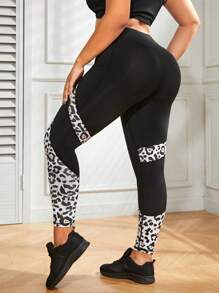 Easithlete Plus Leopard Print Wideband Waist Sports Leggings With Phone Pocket