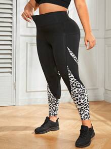 Easithlete Plus Leopard Print Wideband Waist Sports Leggings With Phone Pocket