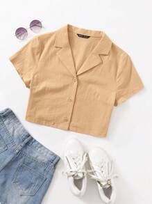 SHEIN EZwear Notched Collar Buttoned Front Blouse - Khaki - View 1
