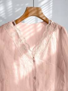 DAZY Embroidery Mesh Puff Sleeve Blouse Going Out Tops,Fall Women Clothes Long Sleeve Top - Pink - View 6