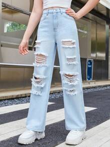 SHEIN Teen Girl Ripped Straight Leg Jeans - Light Wash - View 1
