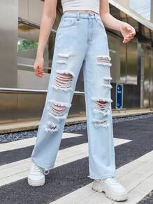 SHEIN Teen Girl Ripped Straight Leg Jeans - Light Wash - View 4