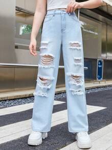SHEIN Teen Girl Ripped Straight Leg Jeans - Light Wash - View 5