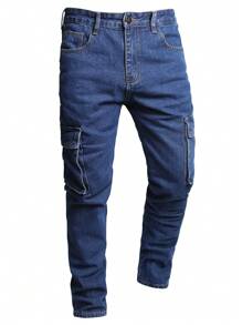 男士側翻蓋口袋工裝牛仔褲 - 深色水洗藍 - 查看 1