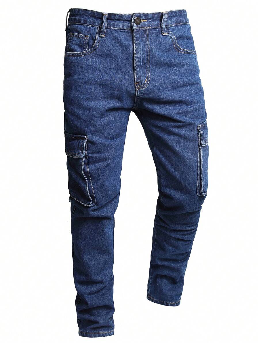 男士側翻蓋口袋工裝牛仔褲 - 深色水洗藍 - 查看 1