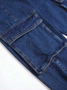 男士側翻蓋口袋工裝牛仔褲 - 深色水洗藍 - 查看 5