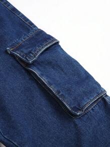 男士側翻蓋口袋工裝牛仔褲 - 深色水洗藍 - 查看 7