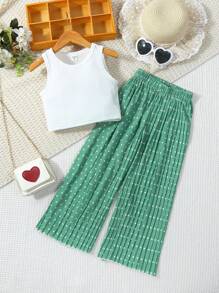 SHEIN Cô Gái Trẻ Chất rắn Áo ba lỗ & In vết tròn Polka Quần ống rộng - Nhiều màu - Xem 1