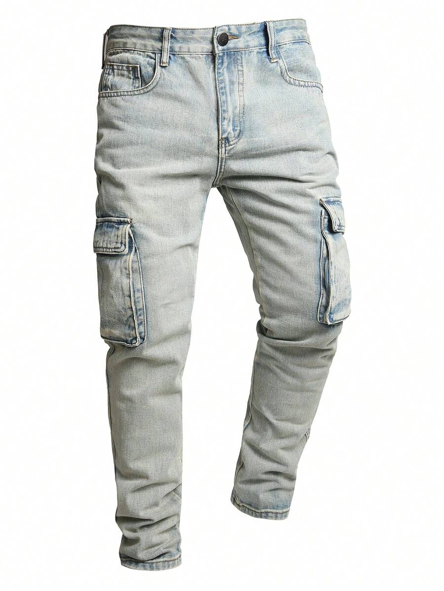 Men Flap Pocket Side Cargo Jeans - Light Wash - View 1