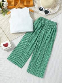 SHEIN Cô Gái Trẻ Chất rắn Áo ba lỗ & In vết tròn Polka Quần ống rộng - Nhiều màu - Xem 2