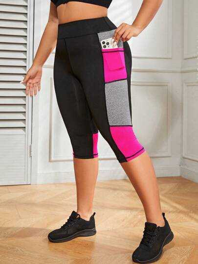 Easithlete 加大码拼色宽腰运动紧身裤，带手机口袋，女式瑜伽裤