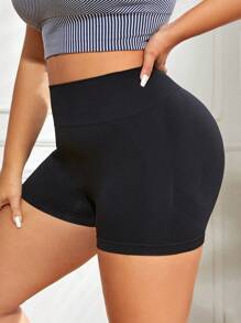 SHEIN Yoga Basic Plus Solid Wideband Waist Sports Shorts - Black - View 1