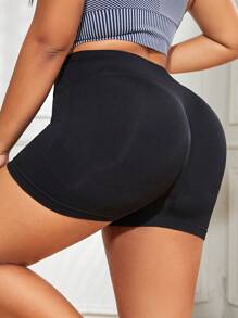 SHEIN Yoga Basic Plus Solid Wideband Waist Sports Shorts - Black - View 2