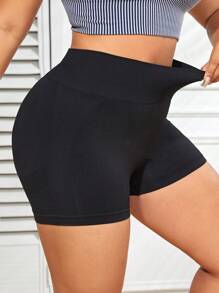 SHEIN Yoga Basic Plus Solid Wideband Waist Sports Shorts - Black - View 4
