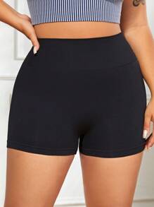 SHEIN Yoga Basic Plus Solid Wideband Waist Sports Shorts - Black - View 5