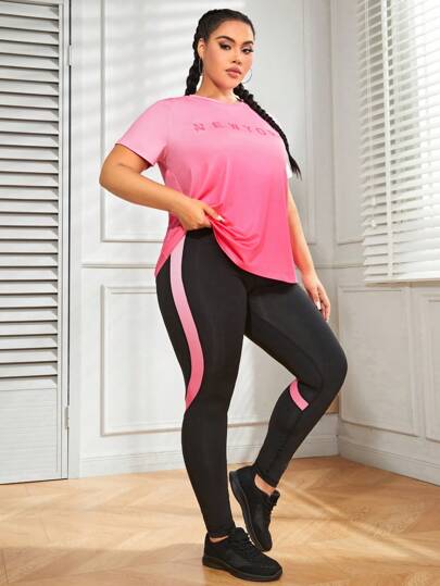 Easithlete 加大码字母图案运动 T 恤和撞色侧缝紧身裤健身女式套装