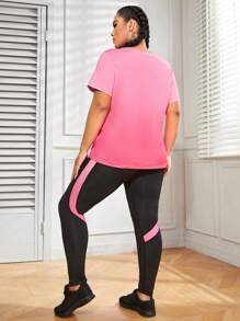 Easithlete 加大码字母图案运动 T 恤和撞色侧缝紧身裤健身女式套装 - 彩色 - 查看 2