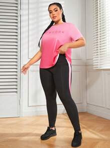 Easithlete 加大码字母图案运动 T 恤和撞色侧缝紧身裤健身女式套装 - 彩色 - 查看 3