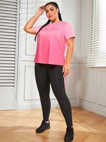 Easithlete 加大码字母图案运动 T 恤和撞色侧缝紧身裤健身女式套装 - 彩色 - 查看 4