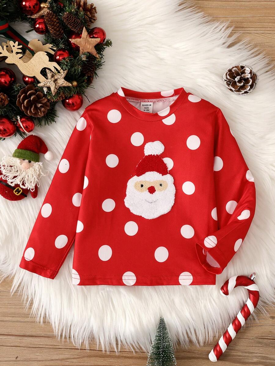 女嬰波卡圓點&聖誕圖案運動衫 - 紅色 - 查看 1