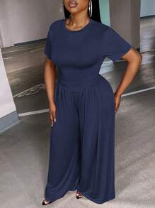 Slaydiva 大碼素色短款T恤&闊腿褲 - 藏蓝色 - 查看 3