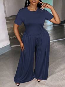 Slaydiva 大碼素色短款T恤&闊腿褲 - 藏蓝色 - 查看 5