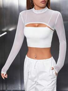 SHEIN PETITE 素色超短版網紗上衣不附吊帶上衣 - 白色 - 查看 4